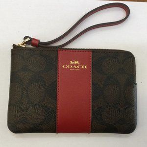 Coach NWT Authentic Woman's Corner Zip Wristlet Signature PVC Brown/1941 Red